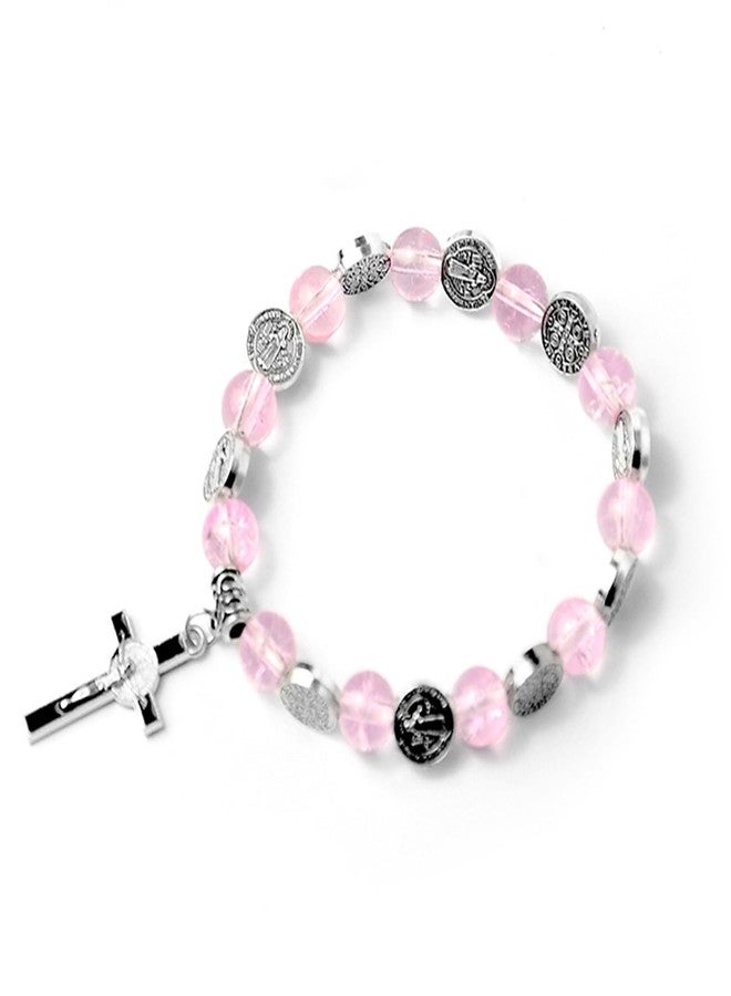 CACALOSS 8MM Blue Crystal Bracelet Jesus Cross Rosary Bracelet for Baptism Prayer Eucharist Gift (Pink) - Image 1